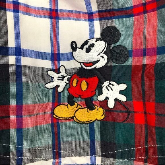 The Disney Store Mickey Mouse Red Green Cotton Plaid Button Down Retro Shirt - Picture 10 of 12